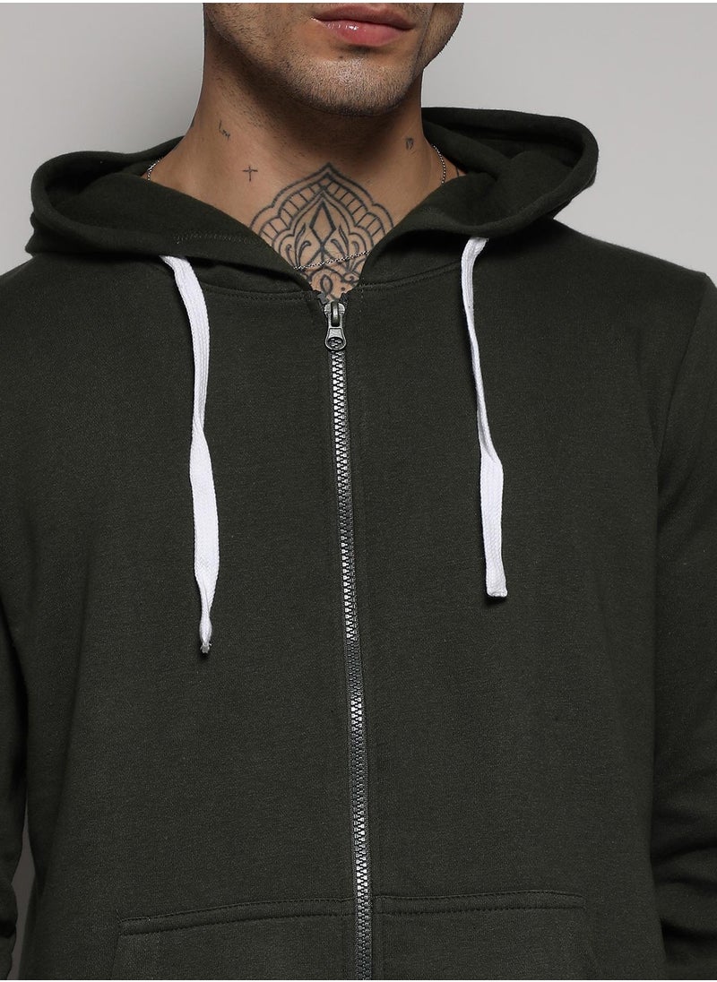 Men's Forest Green Zip-Front Hoodie With Contrast Drawstring