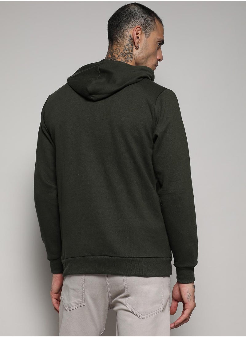 Men's Forest Green Zip-Front Hoodie With Contrast Drawstring
