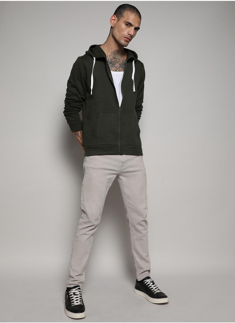 Men's Forest Green Zip-Front Hoodie With Contrast Drawstring