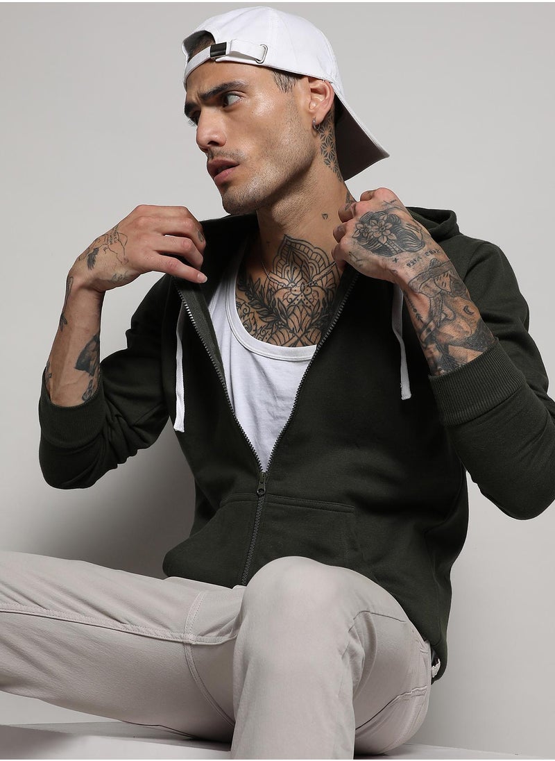 Men's Forest Green Zip-Front Hoodie With Contrast Drawstring