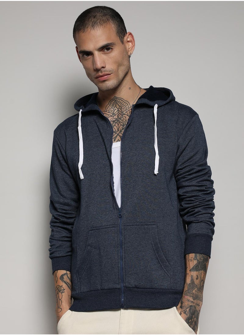 Men's Dark Blue Zip-Front Hoodie With Contrast Drawstring
