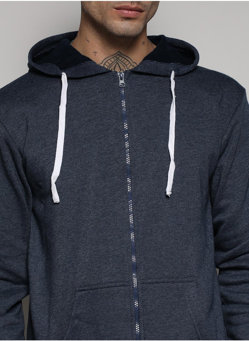 Men's Dark Blue Zip-Front Hoodie With Contrast Drawstring