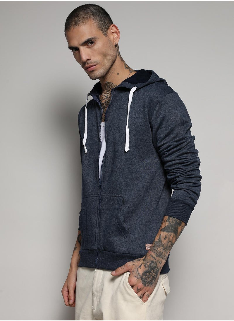 Men's Dark Blue Zip-Front Hoodie With Contrast Drawstring
