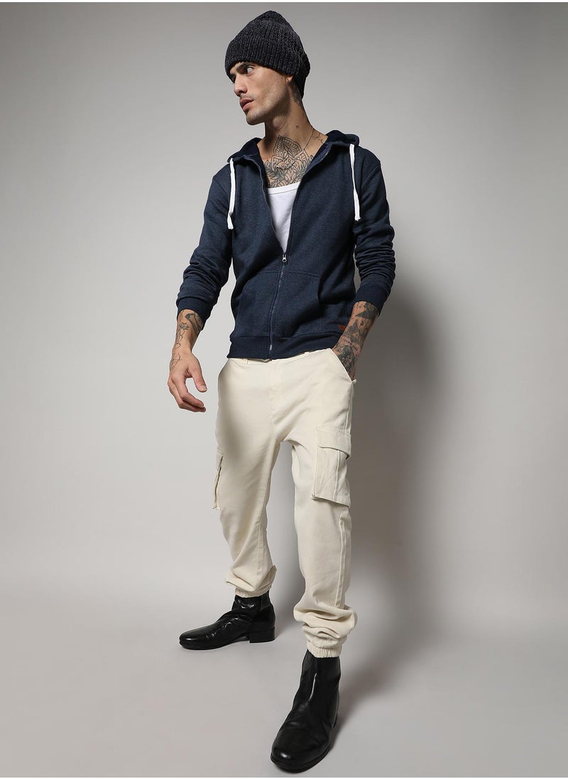 Men's Dark Blue Zip-Front Hoodie With Contrast Drawstring