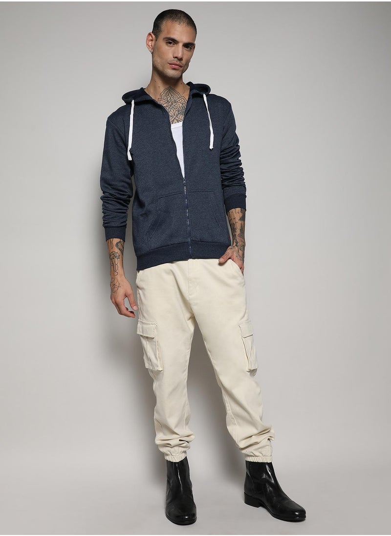 Men's Dark Blue Zip-Front Hoodie With Contrast Drawstring
