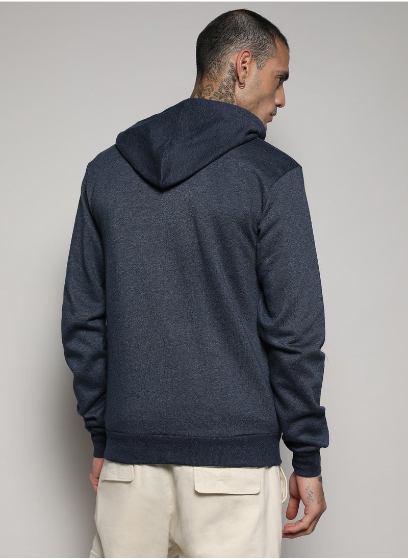 Men's Dark Blue Zip-Front Hoodie With Contrast Drawstring