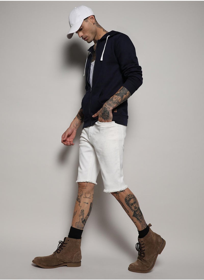 Men's Dark Blue Zip-Front Hoodie With Contrast Drawstring