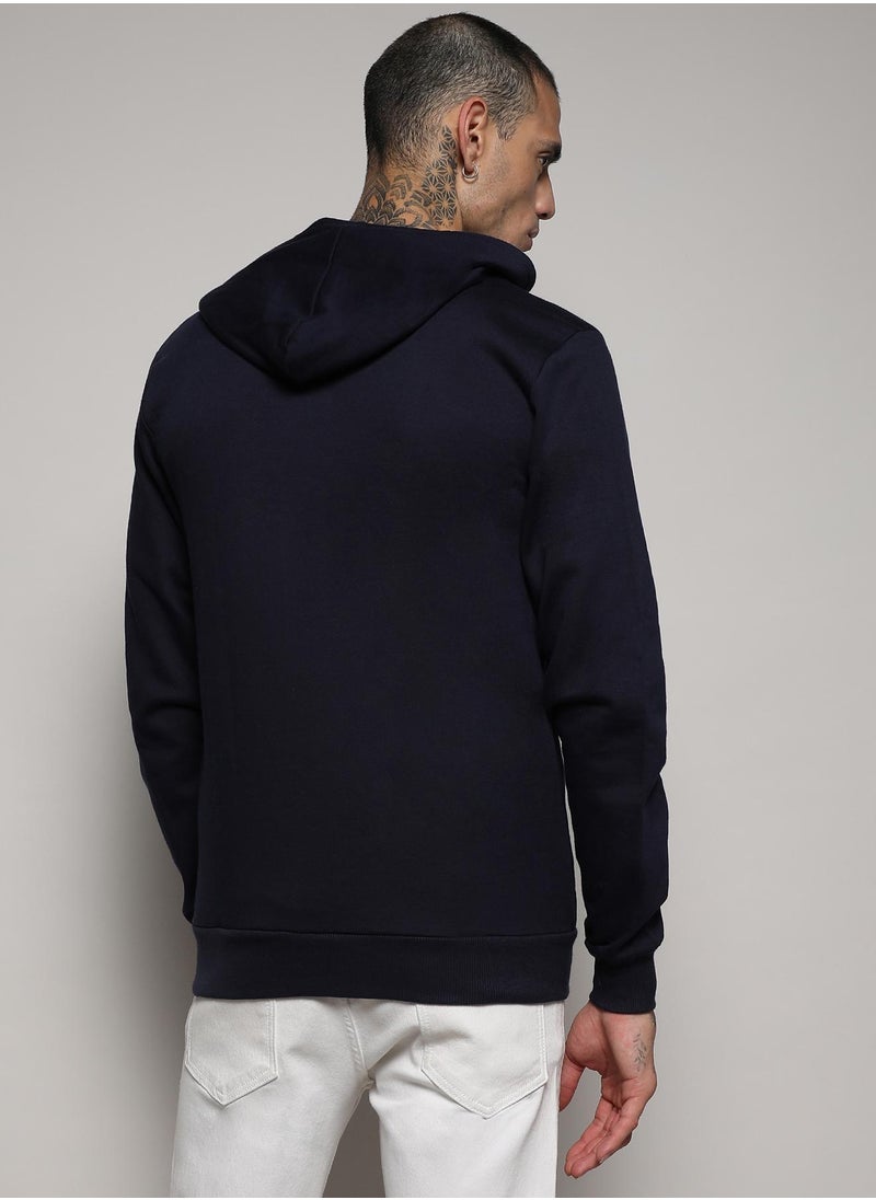 Men's Dark Blue Zip-Front Hoodie With Contrast Drawstring