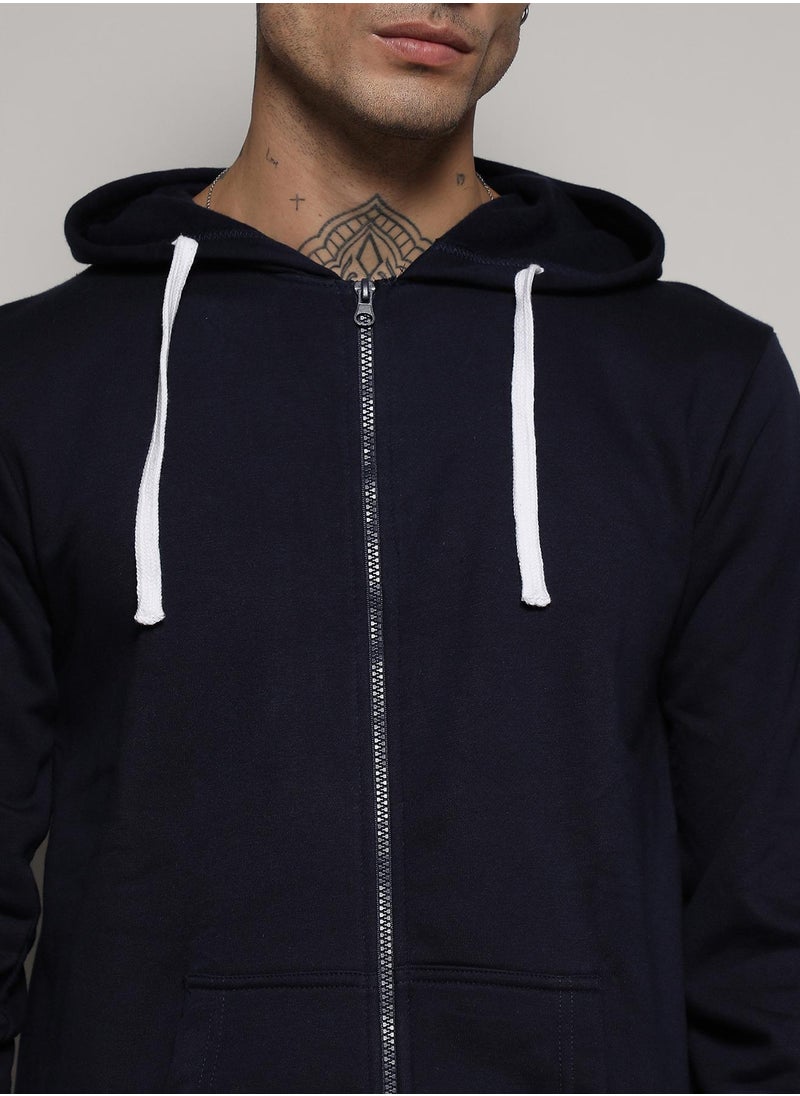 Men's Dark Blue Zip-Front Hoodie With Contrast Drawstring