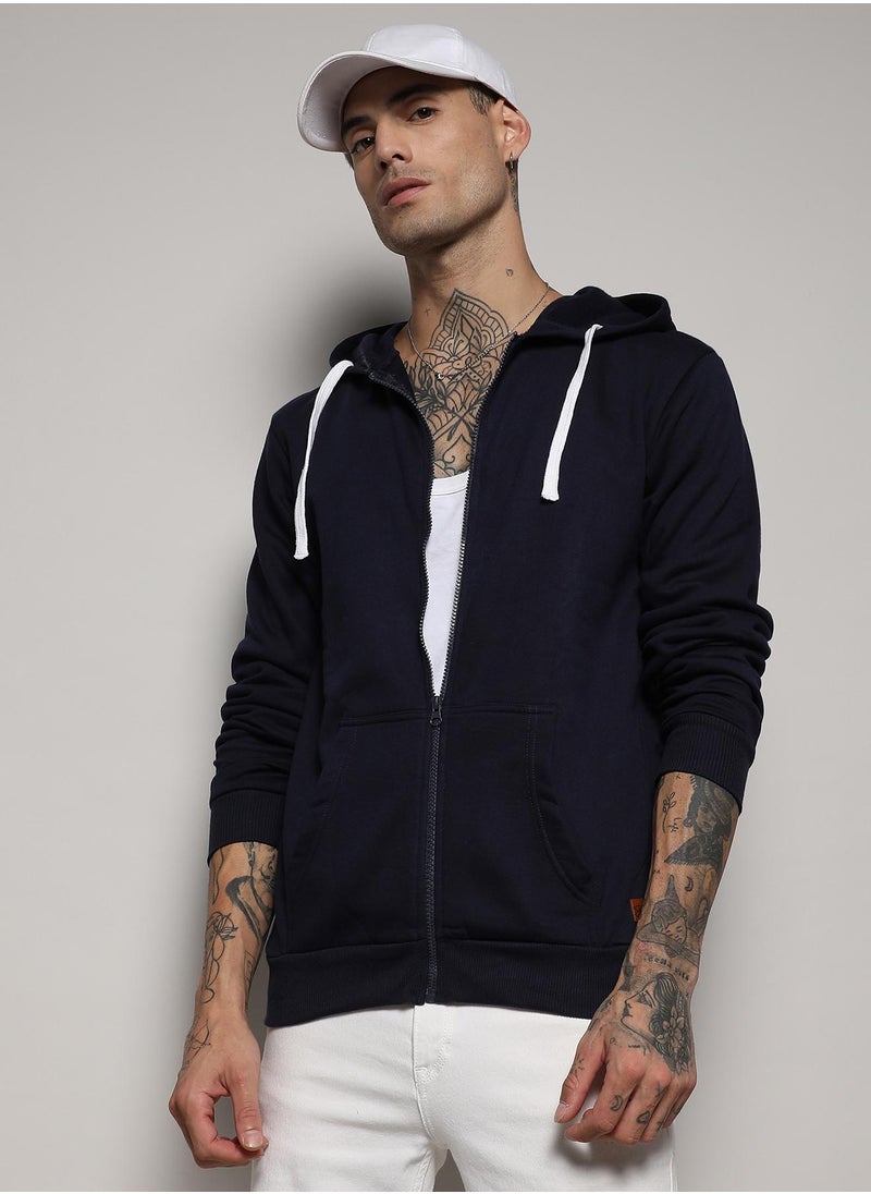 Men's Dark Blue Zip-Front Hoodie With Contrast Drawstring