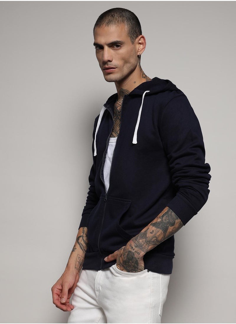 Men's Dark Blue Zip-Front Hoodie With Contrast Drawstring