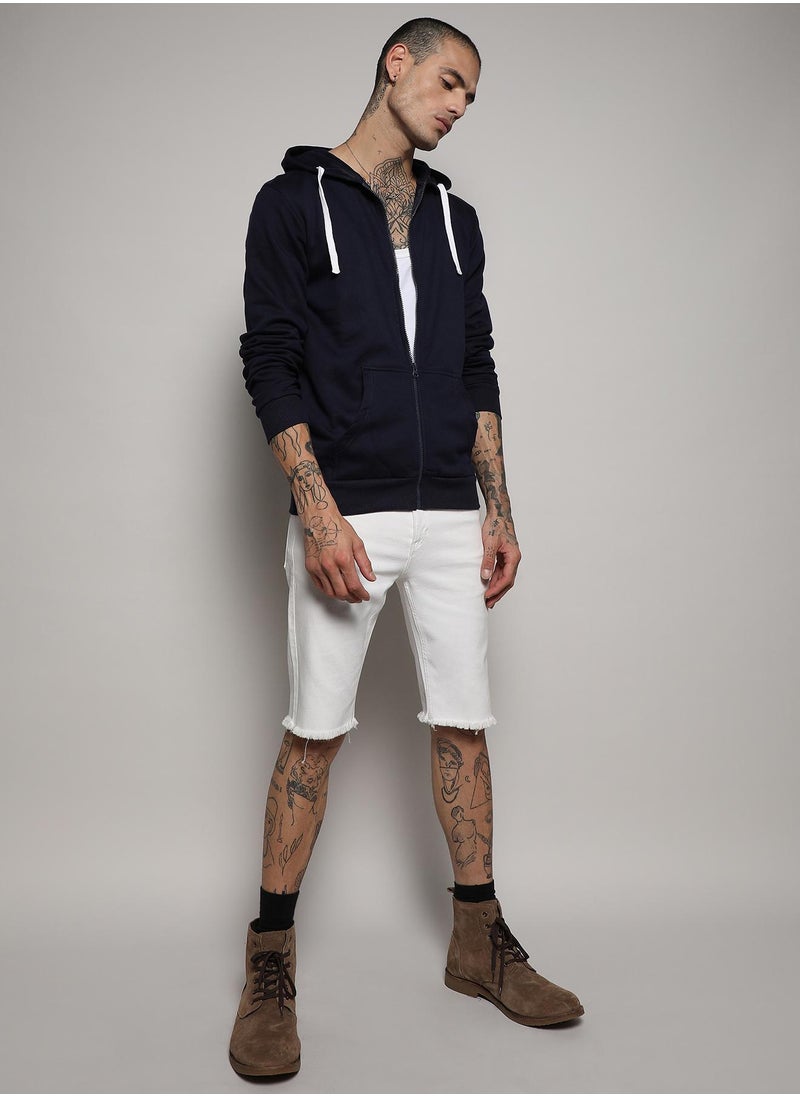 Men's Dark Blue Zip-Front Hoodie With Contrast Drawstring