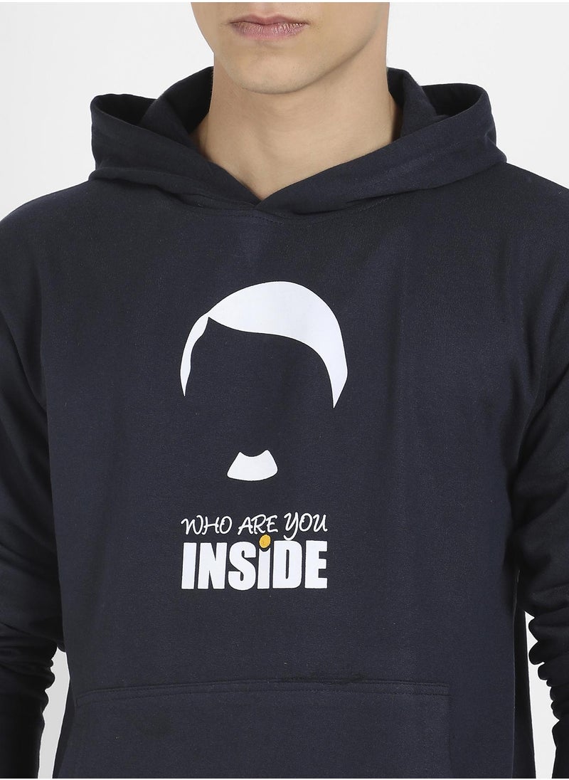Men's Navy Blue Who Are You Inside Hoodie With Kangaroo Pocket