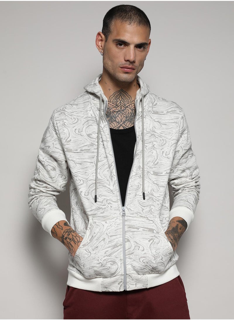 Men's White & Grey Contrast Fluid Zip Front Hoodie
