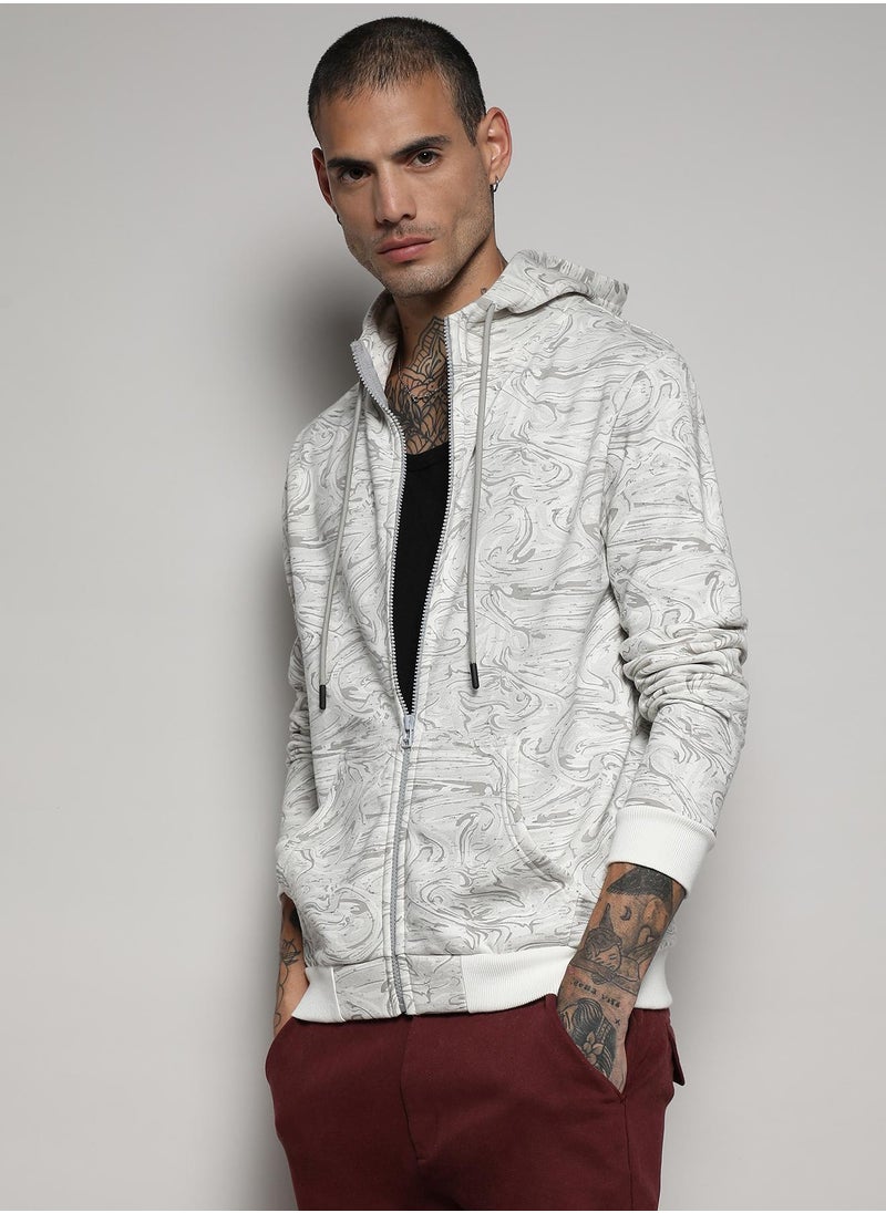 Men's White & Grey Contrast Fluid Zip Front Hoodie