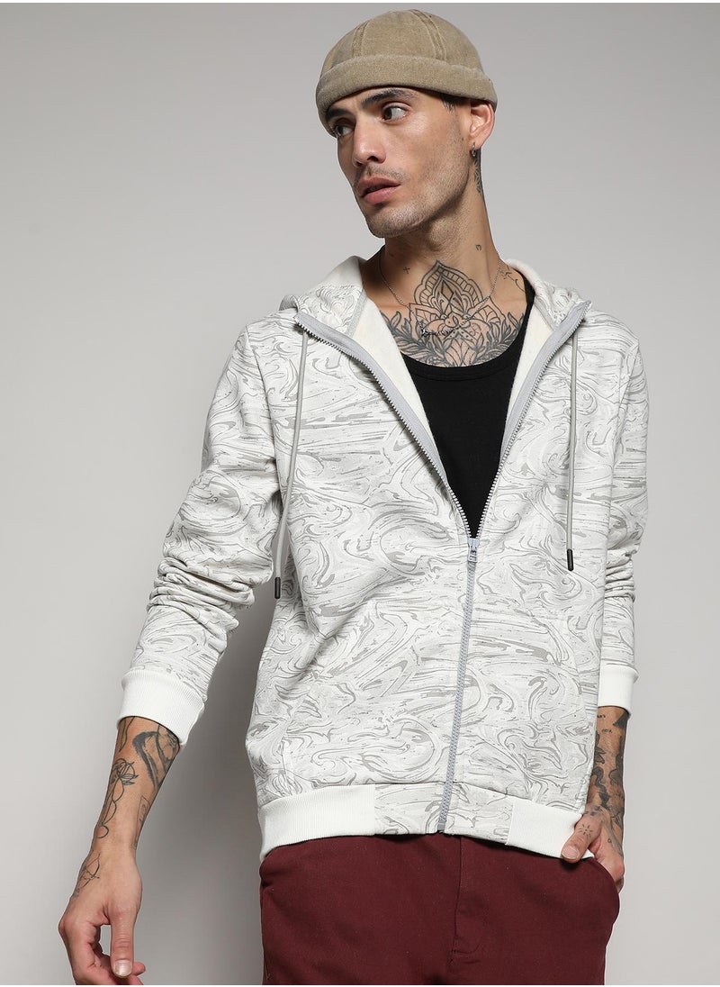 Men's White & Grey Contrast Fluid Zip Front Hoodie