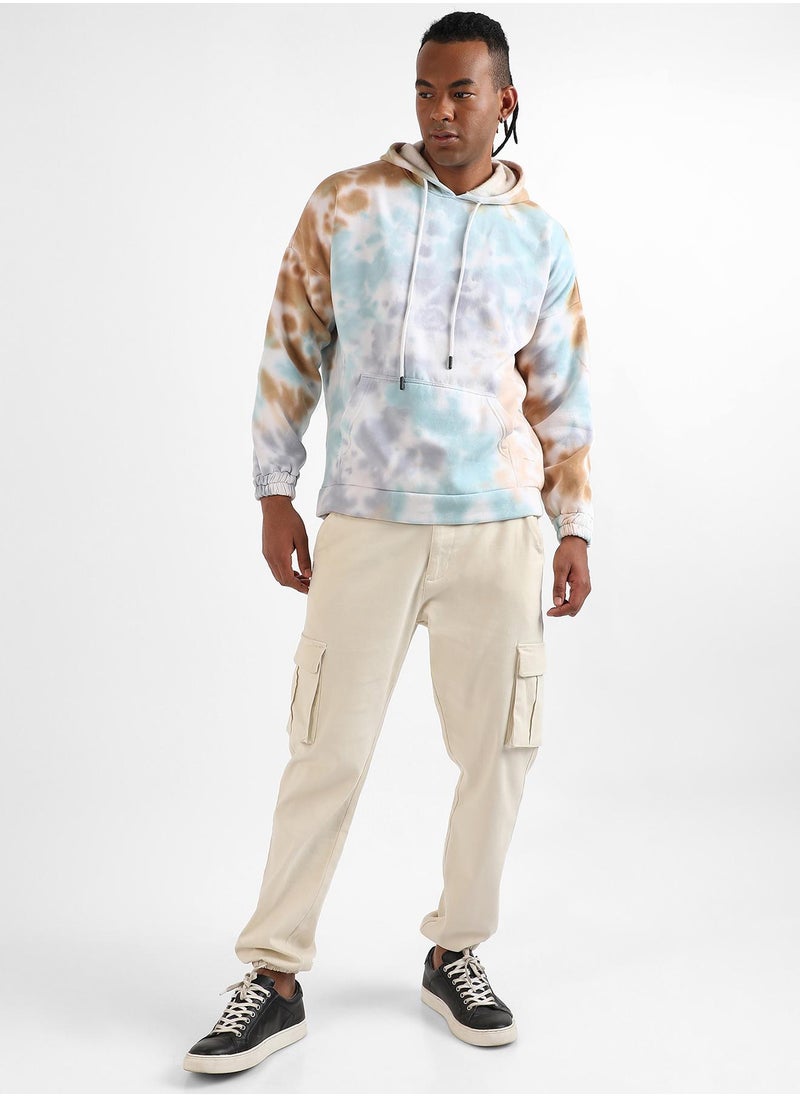 Men's Light Blue & Brown Pastel Tie Dye Hoodie With Kangaroo Pocket