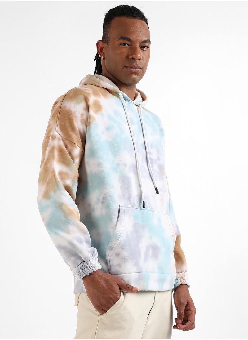 Men's Light Blue & Brown Pastel Tie Dye Hoodie With Kangaroo Pocket