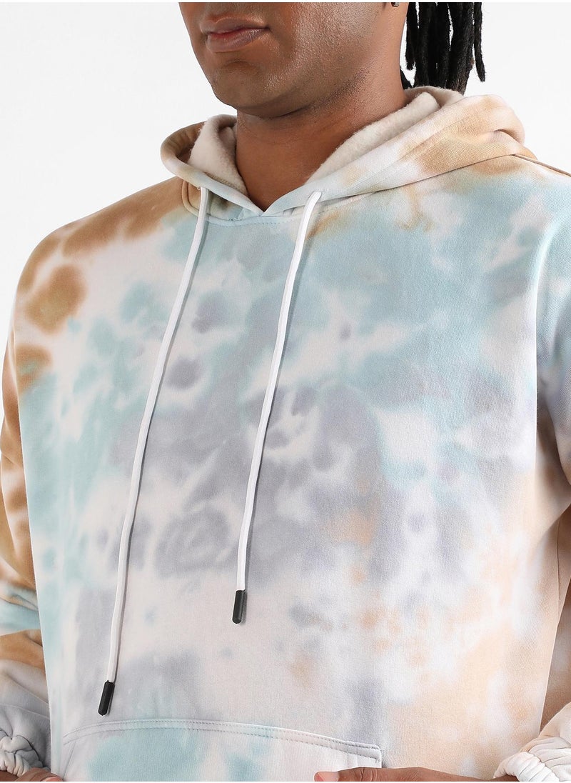 Men's Light Blue & Brown Pastel Tie Dye Hoodie With Kangaroo Pocket