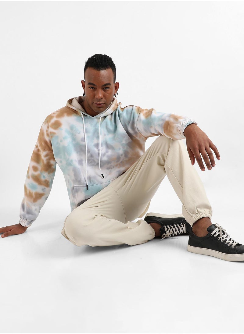Men's Light Blue & Brown Pastel Tie Dye Hoodie With Kangaroo Pocket