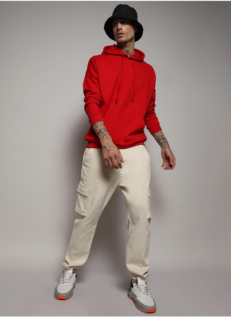 Men's Crimson Red Oversized Basic Hoodie With Kangaroo Pocket