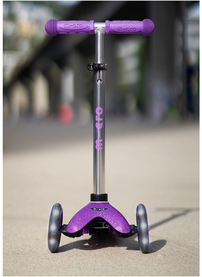 Micro Scooters | Mini Micro Deluxe Glitter LED Children's Scooter | Handlebar Adjustable | Light Up Wheels | 2-5yrs | Boys & Girls | Glitter Purple