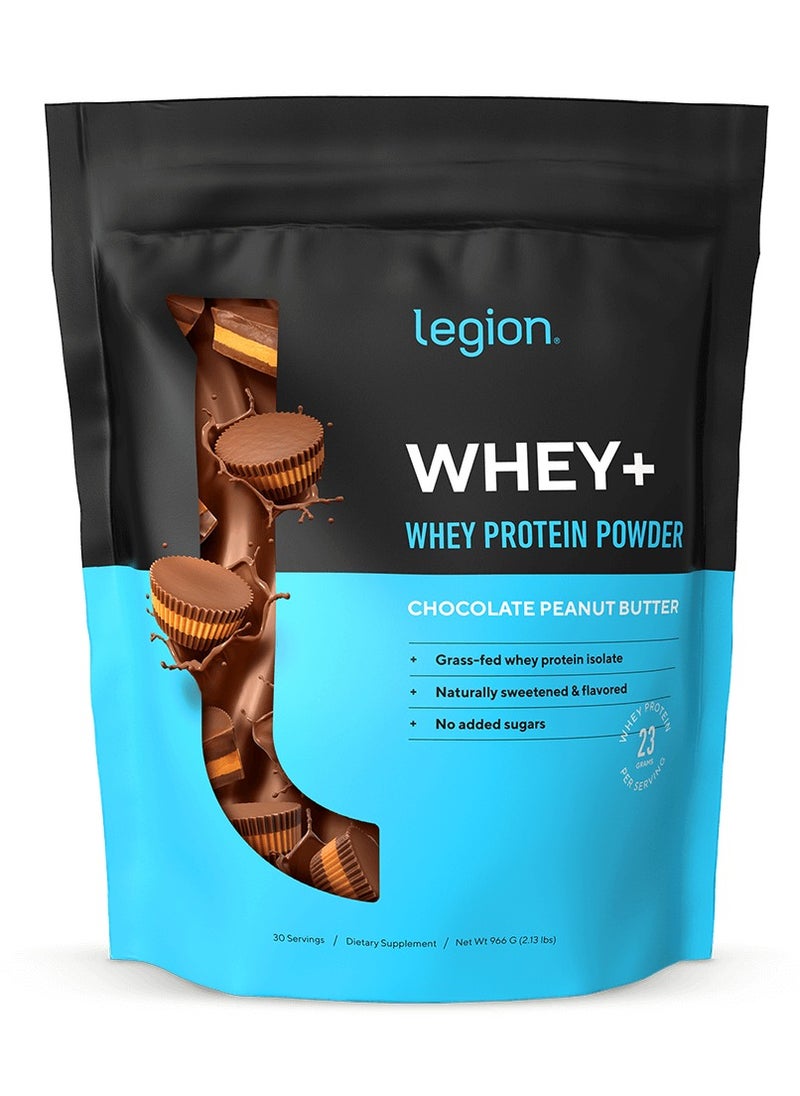 Whey+ Whey Protein Powder, chocolate peanut butter naturally sweetened and flavored, grass-fed whey protein isolate, hormone- & antibiotic-free, no added sugars. 23 grams per serving, 30 servings / dietary supplement / net wt 1008 g / 35.5 oz / 2.21 lbs
