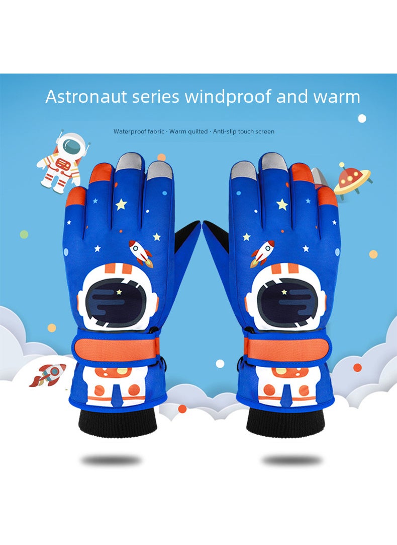 Kids Winter Ski Gloves Astronaut Cartoon Touchscreen Sapphire Blue