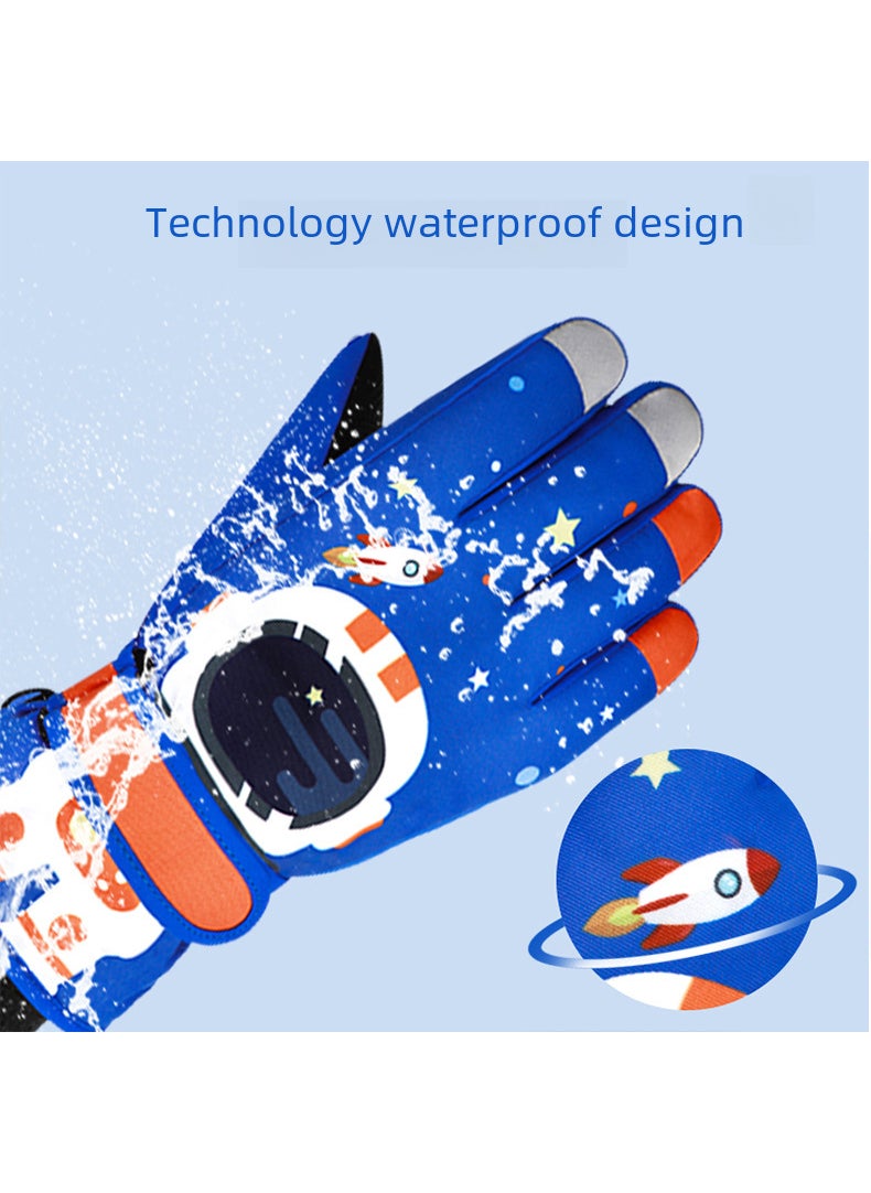 Kids Winter Ski Gloves Astronaut Cartoon Touchscreen Sapphire Blue