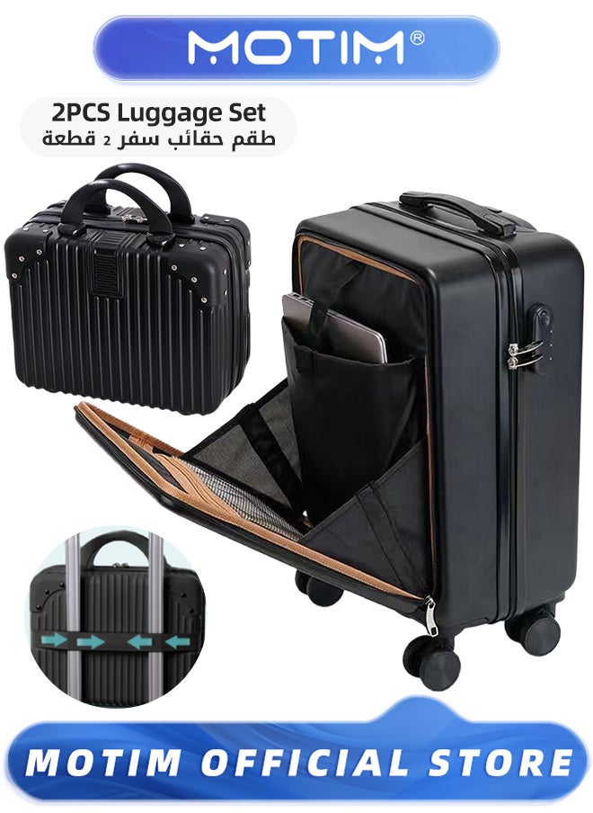 2pcs Boarding Carry-on Luggage Sets Travel Luggage With Front Open Laptop Compartment Pocket Aluminum Framed Suitcase With Spinner Wheels Large Capacity Checked-in Luggage