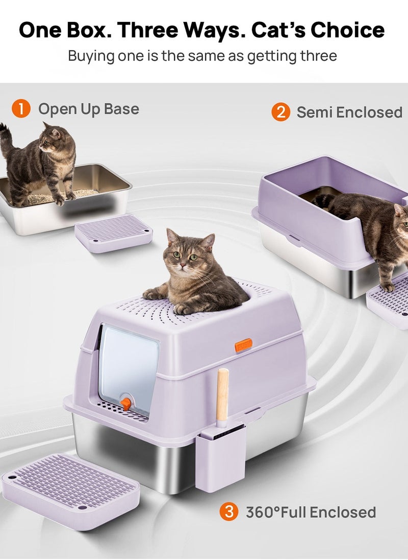 Cat Litter Box with Lid Extra Large Litter Box for Big Cats Metal Litter Pan Tray with High Wall Sides Enclosure, Non-Sticky, Anti-Leakage, Easy Cleaning