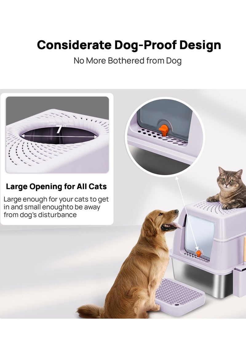 Cat Litter Box with Lid Extra Large Litter Box for Big Cats Metal Litter Pan Tray with High Wall Sides Enclosure, Non-Sticky, Anti-Leakage, Easy Cleaning