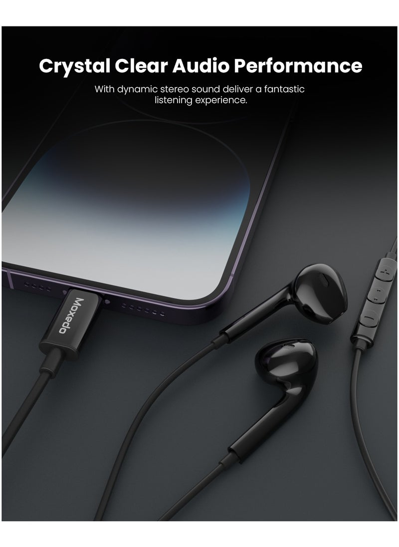 Moxedo Wired Stereo Lightning Earphone with In-Line Remote, Built-in Microphone Compatible for iPhone 14/13/12/11 Pro Max/X/XS Max/XR - Black