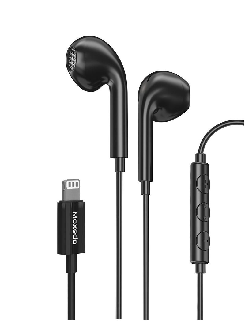 Moxedo Wired Stereo Lightning Earphone with In-Line Remote, Built-in Microphone Compatible for iPhone 14/13/12/11 Pro Max/X/XS Max/XR - Black