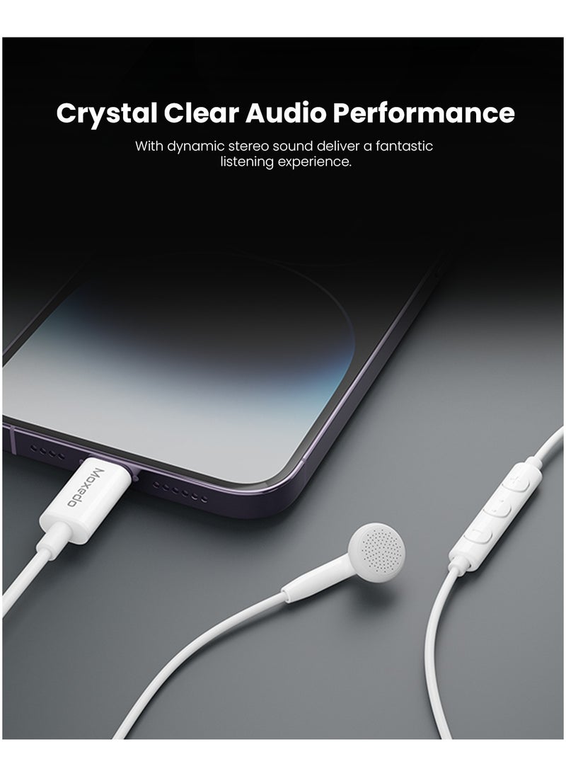 Moxedo Mono Stereo Earphone Lightning Connector Earphone In-Line Remote, Built-in Microphone Compatible for iPhone 14/13/12/11 Pro Max/X/XS Max/XR -White