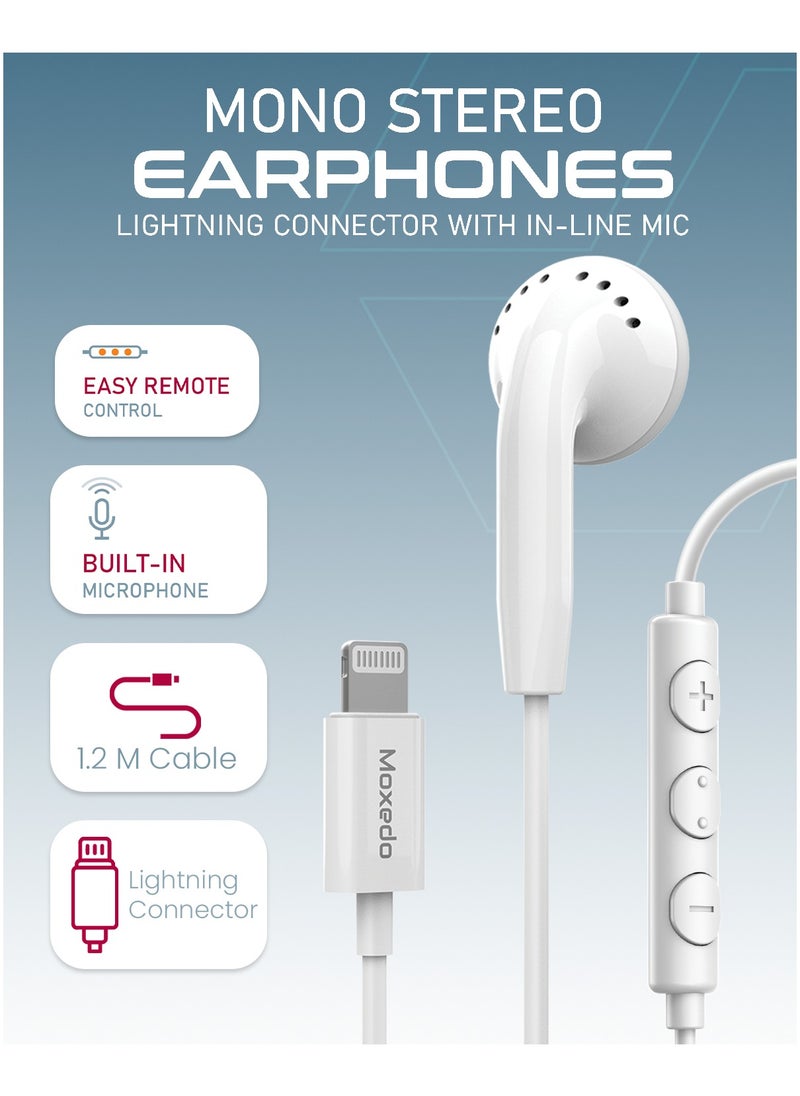 Moxedo Mono Stereo Earphone Lightning Connector Earphone In-Line Remote, Built-in Microphone Compatible for iPhone 14/13/12/11 Pro Max/X/XS Max/XR -White