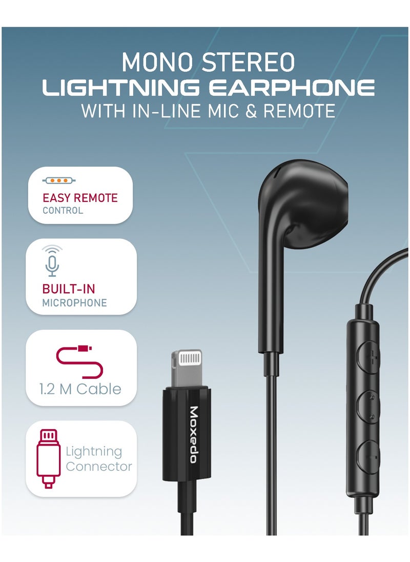 Moxedo Mono Stereo Earphone Lightning Connector Earphone In-Line Remote, Built-in Microphone Compatible for iPhone 14/13/12/11 Pro Max/X/XS Max/XR - Black