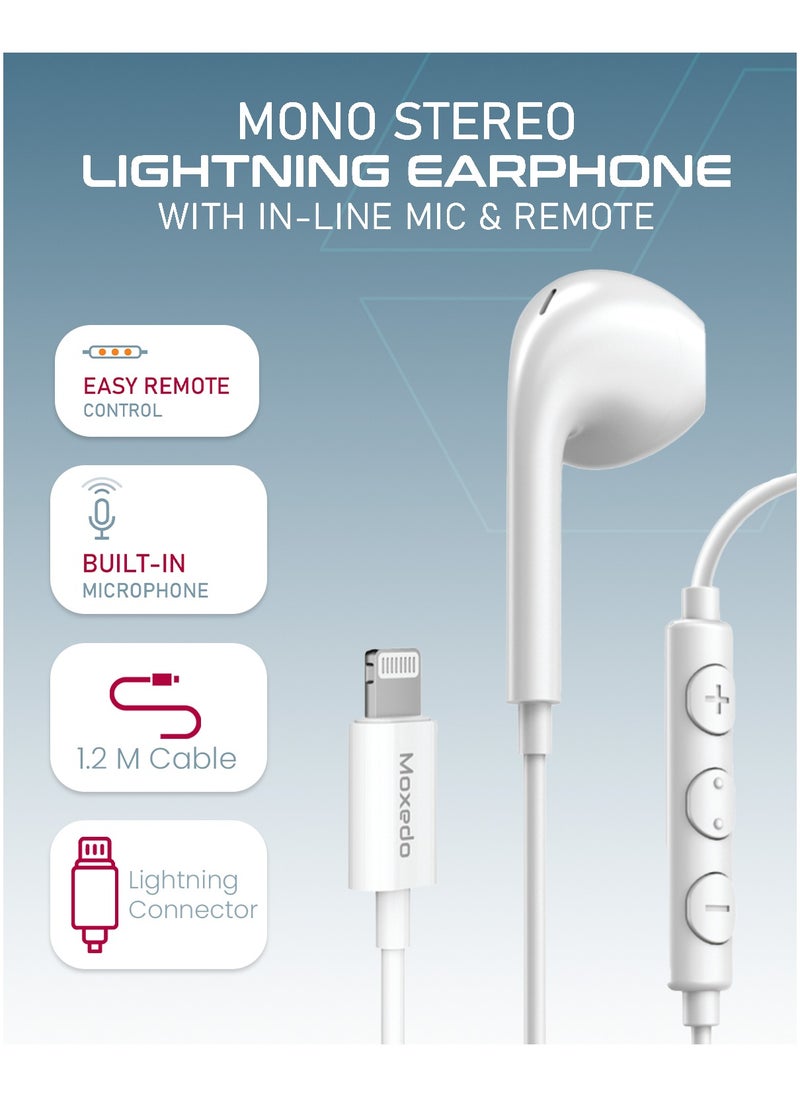 Moxedo Mono Stereo Earphone Lightning Connector Earphone In-Line Remote, Built-in Microphone Compatible for iPhone 14/13/12/11 Pro Max/X/XS Max/XR - White