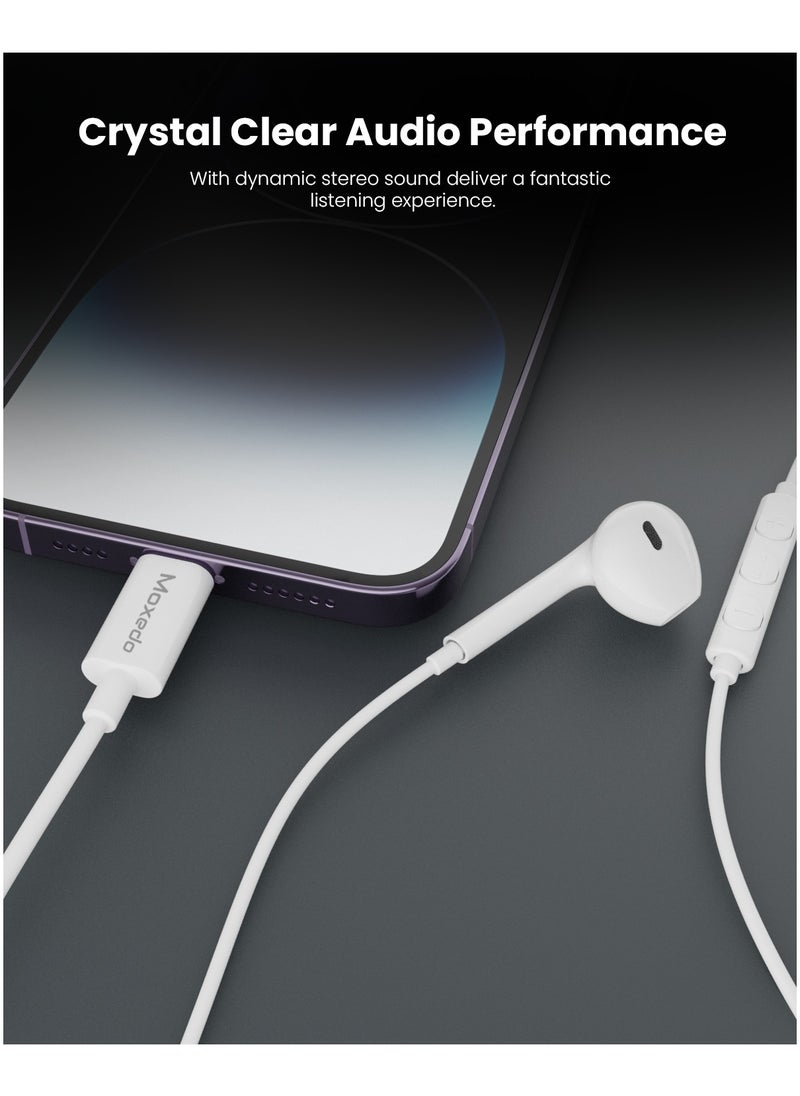 Moxedo Mono Stereo Earphone Lightning Connector Earphone In-Line Remote, Built-in Microphone Compatible for iPhone 14/13/12/11 Pro Max/X/XS Max/XR - White