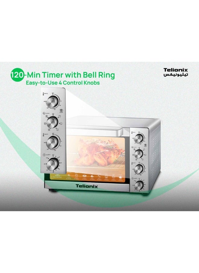 Telionix Electric Oven, 45L Capacity, Full S/S Body, 1700W, 120-Min Timer with Bell Ring, 70-250° Adjustable, Convection, Rotisserie, 4 Control Knobs