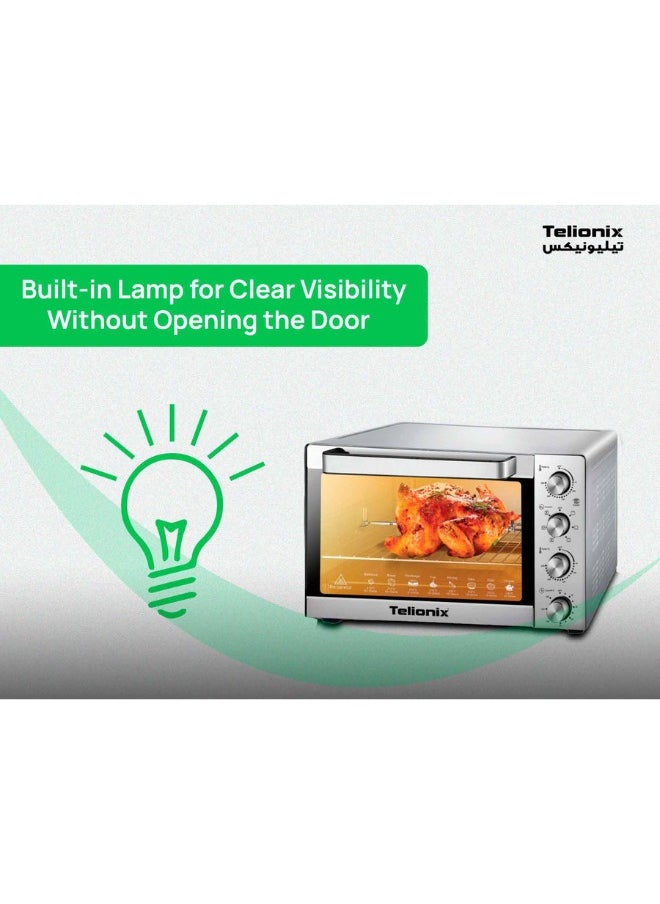 Telionix Electric Oven TEO2902, 70L Capacity, 2200W, Full S/S Body, 120-Min Timer with Bell Ring, Adjustable 70-250°C, 4 S/S Heating Elements, Convection, Rotisserie & Lamp