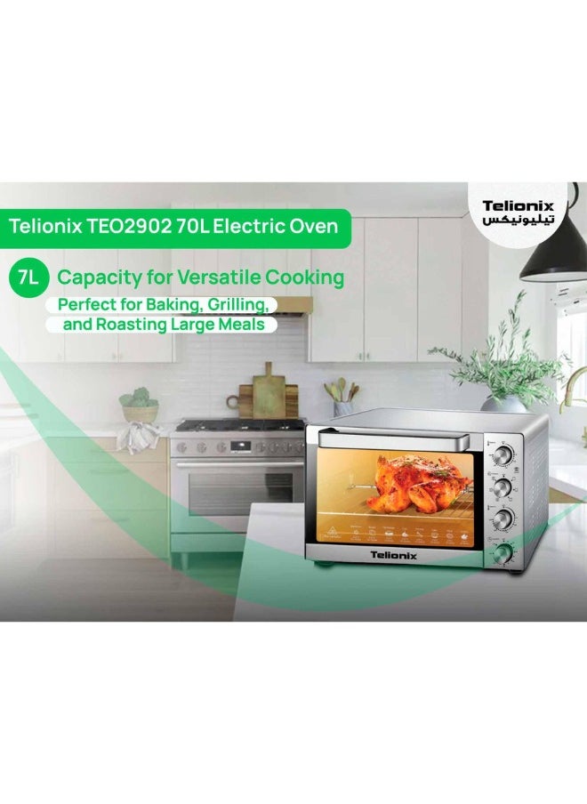 Telionix Electric Oven TEO2902, 70L Capacity, 2200W, Full S/S Body, 120-Min Timer with Bell Ring, Adjustable 70-250°C, 4 S/S Heating Elements, Convection, Rotisserie & Lamp
