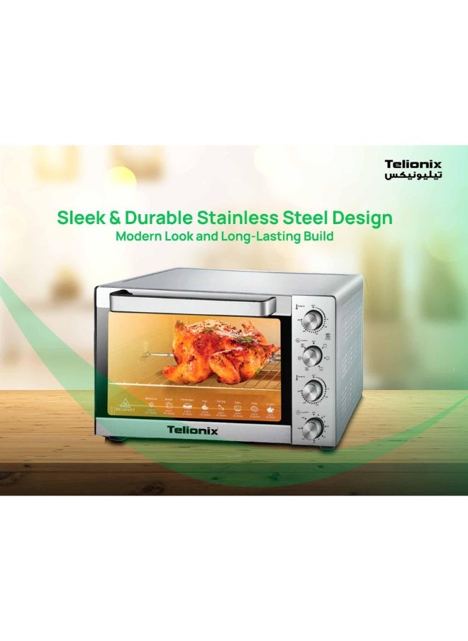 Telionix Electric Oven TEO2902, 70L Capacity, 2200W, Full S/S Body, 120-Min Timer with Bell Ring, Adjustable 70-250°C, 4 S/S Heating Elements, Convection, Rotisserie & Lamp