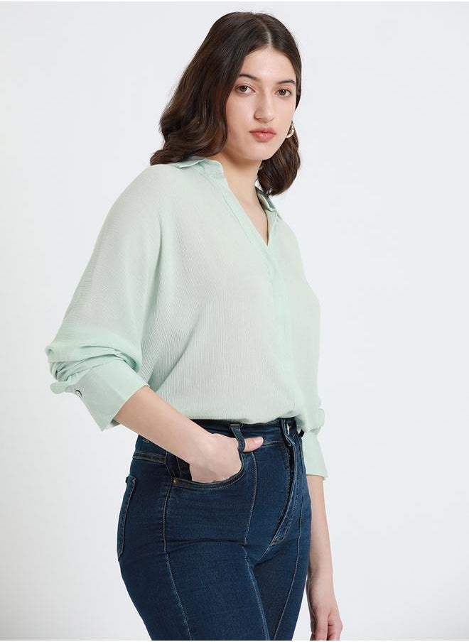 Mint Relaxed Fit Shirt for Women - Viscose Crepe, Full Sleeves, Shirt Collar, Solid, Casual,