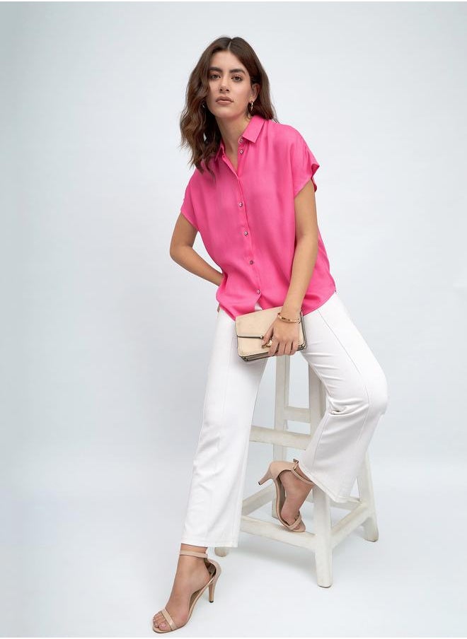 Pink Relaxed Fit Shirt for Women - Viscose Moss, Solid, Half Sleeves, Casual,