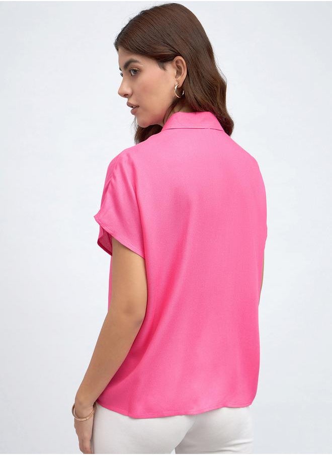 Pink Relaxed Fit Shirt for Women - Viscose Moss, Solid, Half Sleeves, Casual,