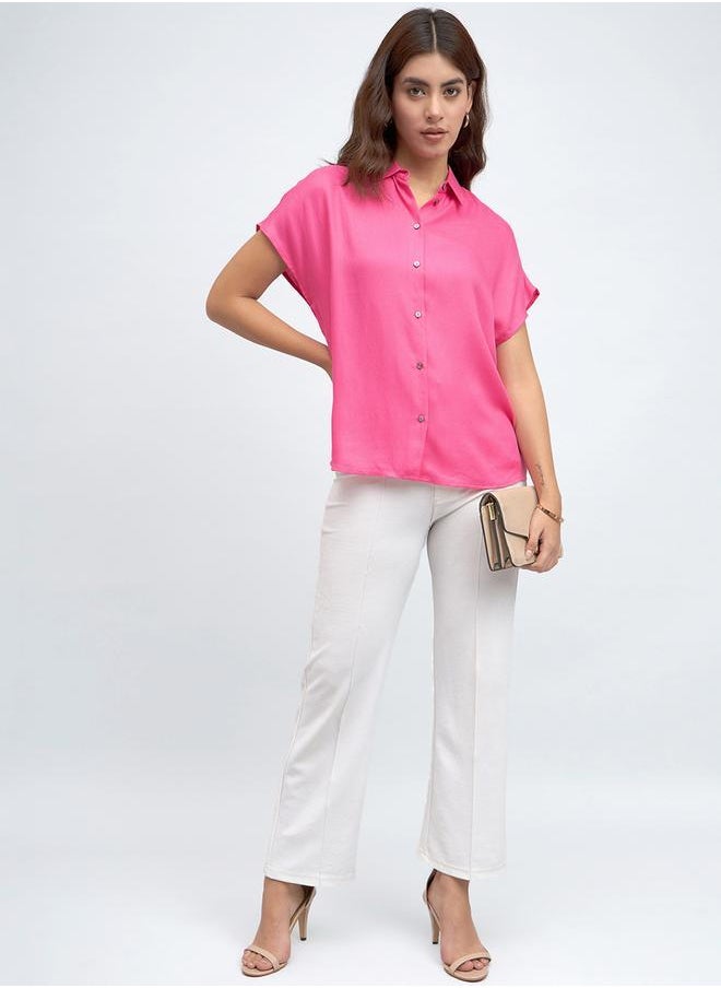 Pink Relaxed Fit Shirt for Women - Viscose Moss, Solid, Half Sleeves, Casual,