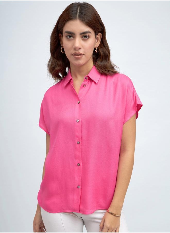 Pink Relaxed Fit Shirt for Women - Viscose Moss, Solid, Half Sleeves, Casual,