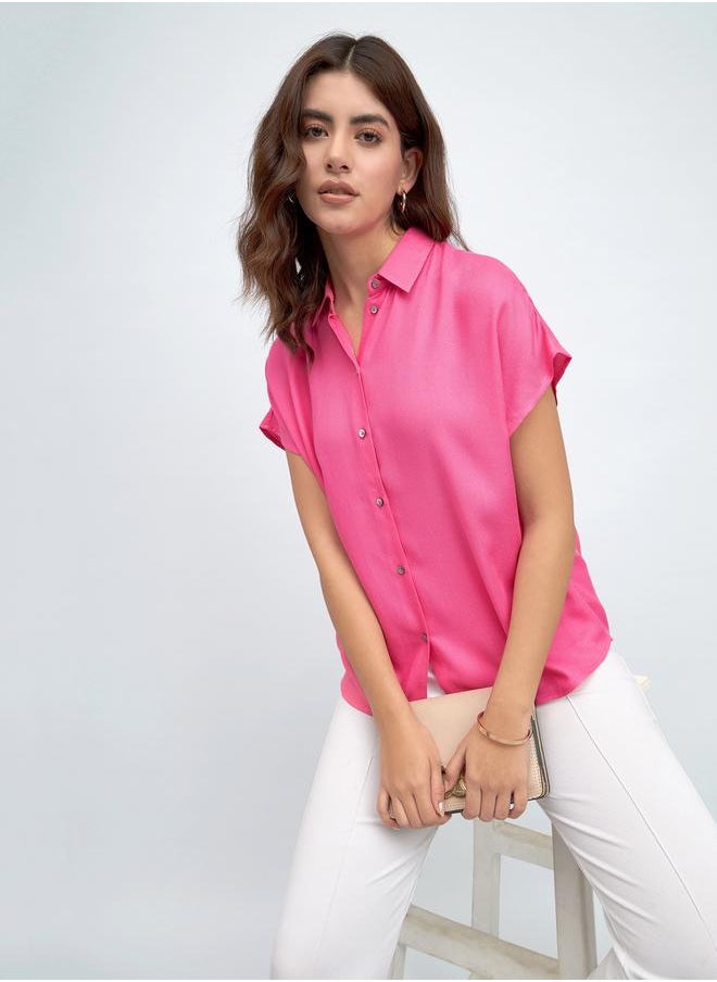 Pink Relaxed Fit Shirt for Women - Viscose Moss, Solid, Half Sleeves, Casual,