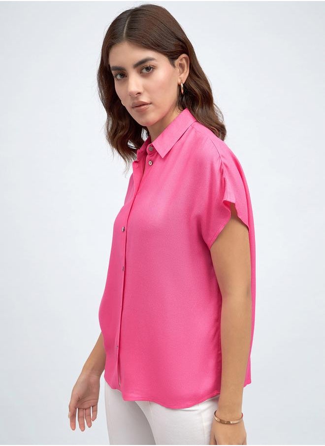 Pink Relaxed Fit Shirt for Women - Viscose Moss, Solid, Half Sleeves, Casual,